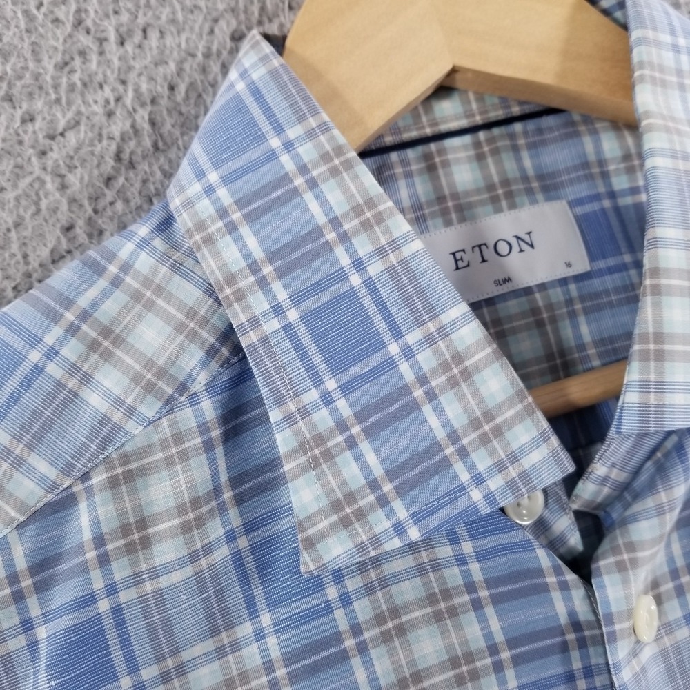 Eton Shirt Mens 16 Large Blue Wrinkle Free Linen Cotton Slim Fit Dress Plaid